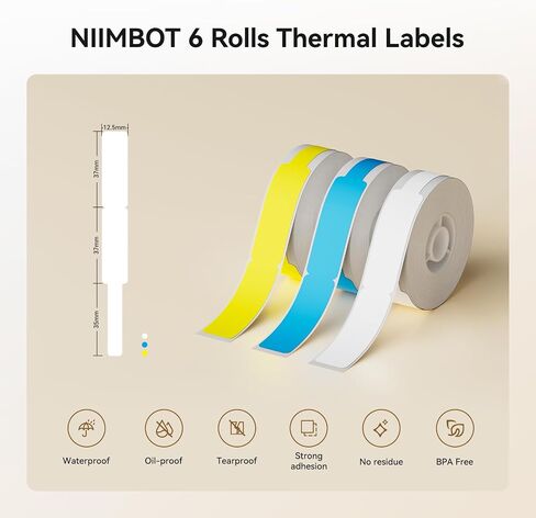 NIIMBOT 6 Rolls Cable Labels Maker Tape for D11/D110/D101 Label Maker, 0.49'' x 4.29'' -65 Tapes/Roll, Thermal Label Tape for Home Office Labeling Tape Replacement (White Yellow Blue) in Saudi Arabia