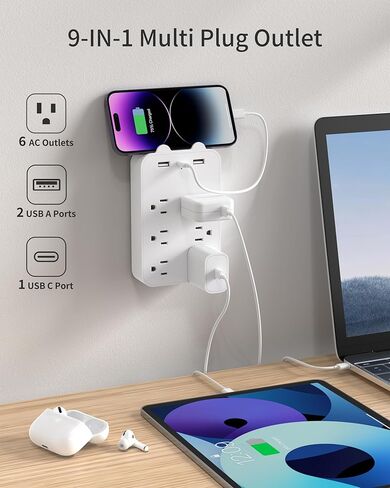 منفذ حائط متعدد المقابس، موسع منفذ مع 6 منافذ 3 منافذ USB (1 USB C)، مقسم مخرج مع حامل هاتف، محول كهربائي مثبت على الحائط للمنزل والمدرسة والمكتب، أبيض in Kuwait