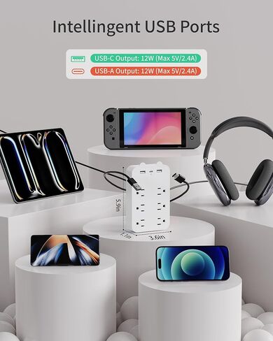 منفذ حائط متعدد المقابس، موسع منفذ مع 6 منافذ 3 منافذ USB (1 USB C)، مقسم مخرج مع حامل هاتف، محول كهربائي مثبت على الحائط للمنزل والمدرسة والمكتب، أبيض in Kuwait