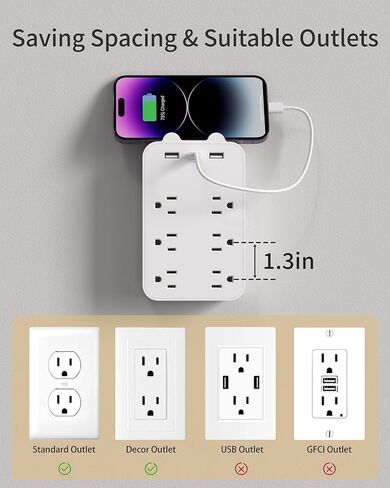 منفذ حائط متعدد المقابس، موسع منفذ مع 6 منافذ 3 منافذ USB (1 USB C)، مقسم مخرج مع حامل هاتف، محول كهربائي مثبت على الحائط للمنزل والمدرسة والمكتب، أبيض in Kuwait
