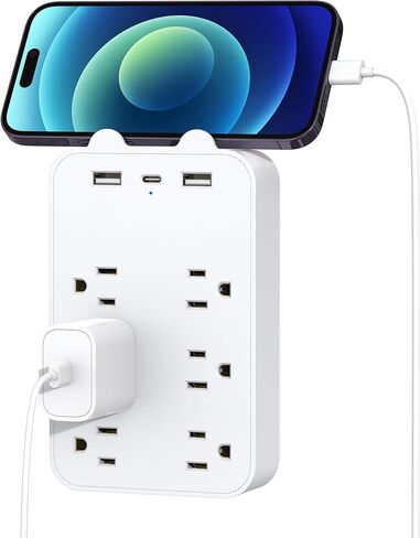 منفذ حائط متعدد المقابس، موسع منفذ مع 6 منافذ 3 منافذ USB (1 USB C)، مقسم مخرج مع حامل هاتف، محول كهربائي مثبت على الحائط للمنزل والمدرسة والمكتب، أبيض in Kuwait