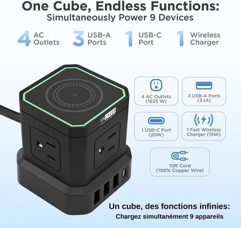 Wireless Charger Cube Power Strip with USB Ports, Power Strips with Surge Protection, 10ft Extension Cord with Multiple Outlets, 4 AC Plugs + 3 USB + 1 USB-C Fast Charging, Mountable On/Off Switch in Saudi Arabia