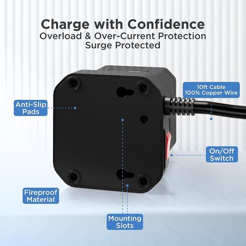 Wireless Charger Cube Power Strip with USB Ports, Power Strips with Surge Protection, 10ft Extension Cord with Multiple Outlets, 4 AC Plugs + 3 USB + 1 USB-C Fast Charging, Mountable On/Off Switch in Saudi Arabia