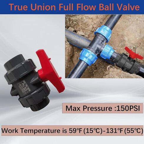 صمام كروي اتحادي PVC كامل المنفذ، 2 بوصة (DN50) صمام كروي كامل التدفق True Union، حلقة دائرية ASTM EPDM، تصنيف 200 رطل لكل بوصة مربعة، صمام كروي PVC مع منفذ كامل بمقبس منزلق، لمختلف أنظمة التحكم في المياه in Kuwait