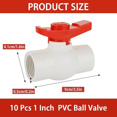 10 Pcs 1 Inch PVC Ball Valve, Shut off Ball Valve with Easy to Rotate and Red T Handle for Cold Water Supply Lines, Irrigation Pipe Fitting System, Schedule 40 x Solvent, Rated at 150 PSI in Kuwait