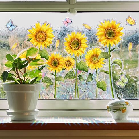 Non-glue Removable Rainbow Sunflower Butterfly Window sticker,Sun Dazzling Color Anti-Collision Window Decals, Prevent Bird Strikes,Reflective Window Film Stickers for Home Office Classroom Decoration in Saudi Arabia