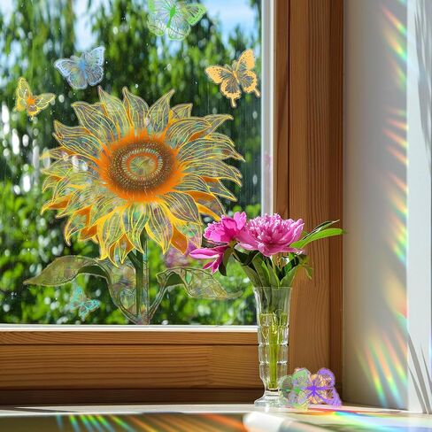 Non-glue Removable Rainbow Sunflower Butterfly Window sticker,Sun Dazzling Color Anti-Collision Window Decals, Prevent Bird Strikes,Reflective Window Film Stickers for Home Office Classroom Decoration in Saudi Arabia