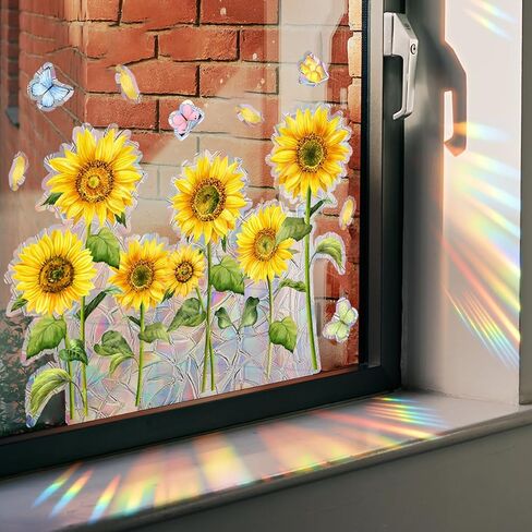 Non-glue Removable Rainbow Sunflower Butterfly Window sticker,Sun Dazzling Color Anti-Collision Window Decals, Prevent Bird Strikes,Reflective Window Film Stickers for Home Office Classroom Decoration in Saudi Arabia