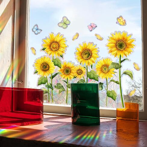Non-glue Removable Rainbow Sunflower Butterfly Window sticker,Sun Dazzling Color Anti-Collision Window Decals, Prevent Bird Strikes,Reflective Window Film Stickers for Home Office Classroom Decoration in Saudi Arabia