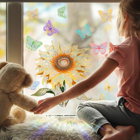 Non-glue Removable Rainbow Sunflower Butterfly Window sticker,Sun Dazzling Color Anti-Collision Window Decals, Prevent Bird Strikes,Reflective Window Film Stickers for Home Office Classroom Decoration in Saudi Arabia