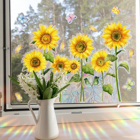 Non-glue Removable Rainbow Sunflower Butterfly Window sticker,Sun Dazzling Color Anti-Collision Window Decals, Prevent Bird Strikes,Reflective Window Film Stickers for Home Office Classroom Decoration in Saudi Arabia