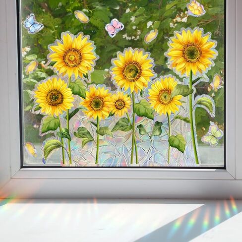 Non-glue Removable Rainbow Sunflower Butterfly Window sticker,Sun Dazzling Color Anti-Collision Window Decals, Prevent Bird Strikes,Reflective Window Film Stickers for Home Office Classroom Decoration in Saudi Arabia