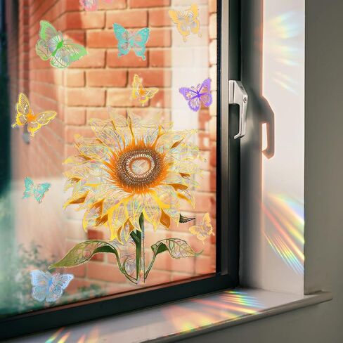 Non-glue Removable Rainbow Sunflower Butterfly Window sticker,Sun Dazzling Color Anti-Collision Window Decals, Prevent Bird Strikes,Reflective Window Film Stickers for Home Office Classroom Decoration in Saudi Arabia