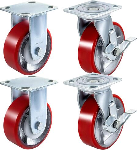 BestEquip 4 Pack 6 x 2 Inch Caster Wheels 2 Rigid and 2 Swivel Casters with Side Brake Polyurethane Iron Core Plate 1000LBS Capacity Per Wheel in Saudi Arabia