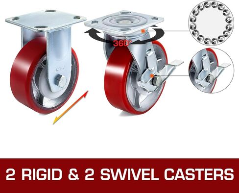 BestEquip 4 Pack 6 x 2 Inch Caster Wheels 2 Rigid and 2 Swivel Casters with Side Brake Polyurethane Iron Core Plate 1000LBS Capacity Per Wheel in Saudi Arabia
