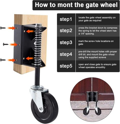 Upgraded Gate Wheel Gate Caster Kit with Spring Loaded for Wooden Fences, 4 Inch Heavy Duty Gate Support Wheel Gate Helper Wheel for Vinyl Swing Gates(2Pcs, Black) in Saudi Arabia
