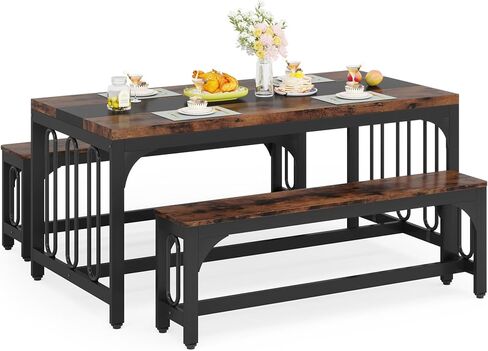 LITTLE TREE 3-Piece Dining Table Set, Bench Style Dining Furniture Set, 4-6 Person Space-Saving Dinette for Kitchen, Dining Room, Rustic Brown in Saudi Arabia