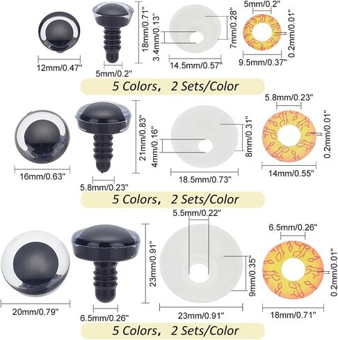 PH PandaHall 30 Sets Safety Eyes, 15 Styles Plastic Craft Crochet Eyes Realistic Animal Eyes with Spacer for Puppet Plush Stuffed Animals Crochet Teddy Puppet Crafts Making, 18~23x12~20mm in Saudi Arabia