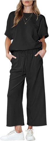 ملابس نسائية مكونة من قطعتين بدلة رياضية 3/4 بأكمام تشبه جناح الخفاش وبنطلون بأرجل واسعة 2024 أطقم صالة رياضية (أسود-L) in Kuwait