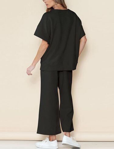 ملابس نسائية مكونة من قطعتين بدلة رياضية 3/4 بأكمام تشبه جناح الخفاش وبنطلون بأرجل واسعة 2024 أطقم صالة رياضية (أسود-L) in Kuwait