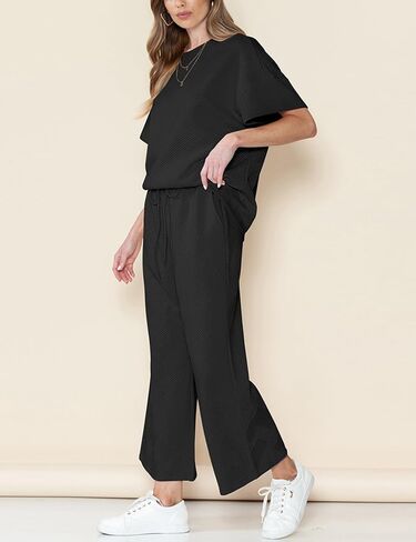 ملابس نسائية مكونة من قطعتين بدلة رياضية 3/4 بأكمام تشبه جناح الخفاش وبنطلون بأرجل واسعة 2024 أطقم صالة رياضية (أسود-L) in Kuwait