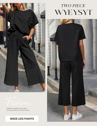 ملابس نسائية مكونة من قطعتين بدلة رياضية 3/4 بأكمام تشبه جناح الخفاش وبنطلون بأرجل واسعة 2024 أطقم صالة رياضية (أسود-L) in Kuwait