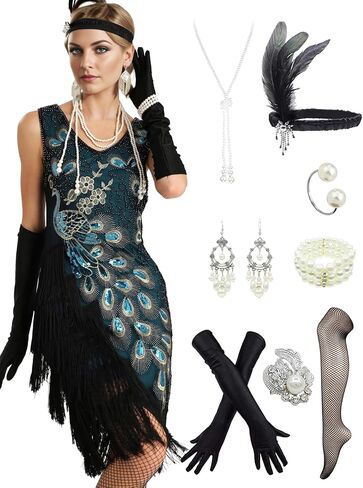 1920s Women Peacock Sequined Tassel Flapper Party Dresses w/ 20s Accessories Set in Saudi Arabia