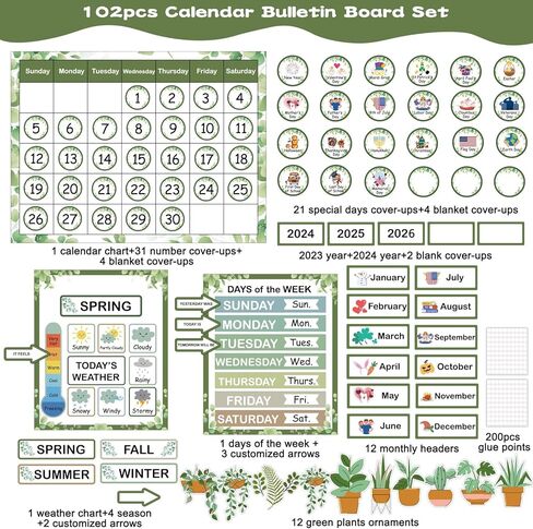 102Pcs Boho Greenery Classroom Calendar Bulletin Board Preschool Classroom Wall Calendar Set Weather Board for Kids Toddlers Elementary Teacher Must Haves for Classroom Bulletin Board Home Decoration in Kuwait