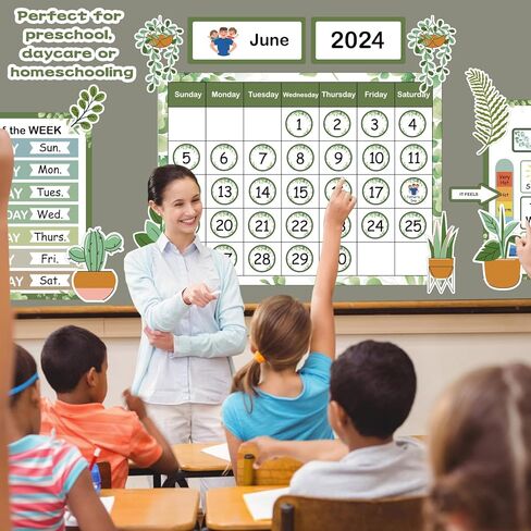 102Pcs Boho Greenery Classroom Calendar Bulletin Board Preschool Classroom Wall Calendar Set Weather Board for Kids Toddlers Elementary Teacher Must Haves for Classroom Bulletin Board Home Decoration in Kuwait