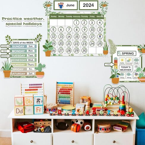 102Pcs Boho Greenery Classroom Calendar Bulletin Board Preschool Classroom Wall Calendar Set Weather Board for Kids Toddlers Elementary Teacher Must Haves for Classroom Bulletin Board Home Decoration in Kuwait