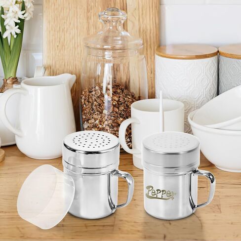 tebery 2 حزمة من الفولاذ المقاوم للصدأ الملح الفلفل نعرات الهزازات مع غطاء ومقبض، 13.5 أوقية التوابل التوابل شاكر مع ثقوب للطهي المطبخ الخبز الملح الحلوى in Kuwait