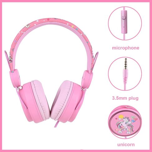 Unicorn Headphones for Kids/School, Wired Girls Lightweight On Ear Headphones with Microphone for Online Class/Study (Pink Unicorn) in Saudi Arabia