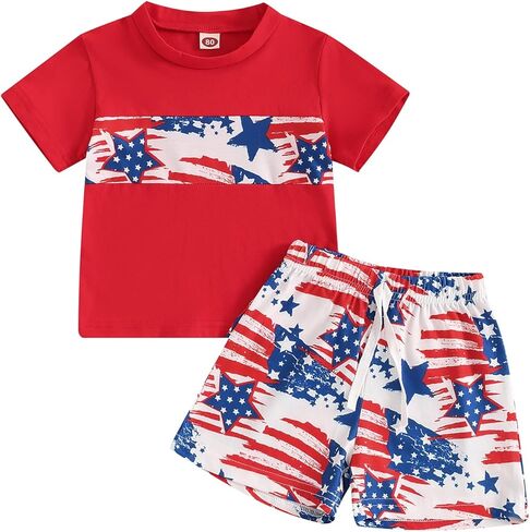 AEEMCEM 4th of July بيبي بوي الزي العلم الأمريكي تي شيرتات قصيرة الاكمام بلوزات ومجموعة تي شيرتات قصيرة للأطفال طفل صبي يوم الاستقلال الزي in Kuwait