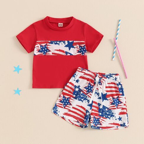 AEEMCEM 4th of July بيبي بوي الزي العلم الأمريكي تي شيرتات قصيرة الاكمام بلوزات ومجموعة تي شيرتات قصيرة للأطفال طفل صبي يوم الاستقلال الزي in Kuwait