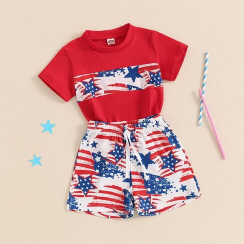 AEEMCEM 4th of July بيبي بوي الزي العلم الأمريكي تي شيرتات قصيرة الاكمام بلوزات ومجموعة تي شيرتات قصيرة للأطفال طفل صبي يوم الاستقلال الزي in Kuwait