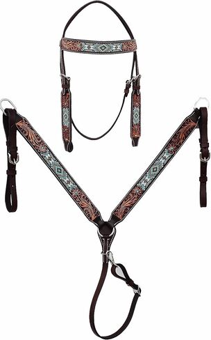 CHALLENGER Horse Show Bridle Western Leather Western Antique Floral Tooled Leather Beaded Bridle Breast Collar Tack 79RS04B in Saudi Arabia