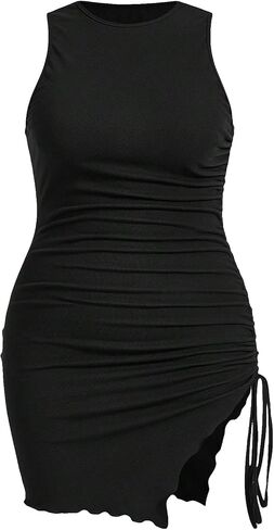 Verdusa Women's Plus Size Drawstring Ruched Round Neck Sleeveless Bodycon Mini Tank Dress in Saudi Arabia