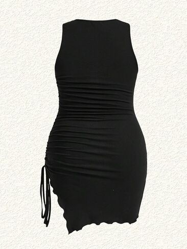 Verdusa Women's Plus Size Drawstring Ruched Round Neck Sleeveless Bodycon Mini Tank Dress in Saudi Arabia
