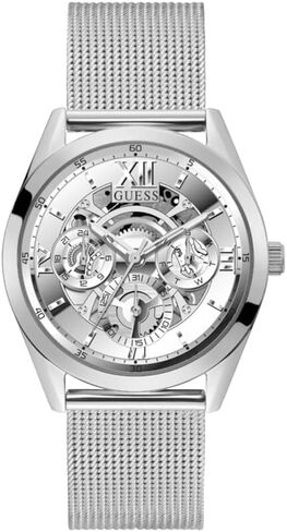GUESS Mens Dress Multifunction 42mm Watch – Silver-Tone Stainless Steel Case with Silver Skeleton Dial & Mesh Bracelet in Saudi Arabia