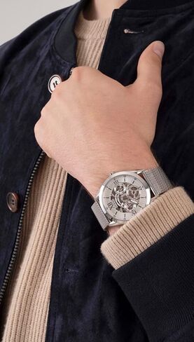 GUESS Mens Dress Multifunction 42mm Watch – Silver-Tone Stainless Steel Case with Silver Skeleton Dial & Mesh Bracelet in Saudi Arabia