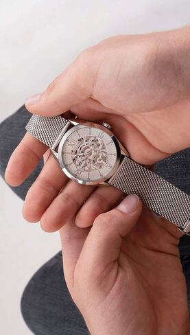 GUESS Mens Dress Multifunction 42mm Watch – Silver-Tone Stainless Steel Case with Silver Skeleton Dial & Mesh Bracelet in Saudi Arabia
