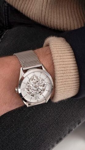 GUESS Mens Dress Multifunction 42mm Watch – Silver-Tone Stainless Steel Case with Silver Skeleton Dial & Mesh Bracelet in Saudi Arabia