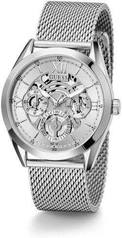 GUESS Mens Dress Multifunction 42mm Watch – Silver-Tone Stainless Steel Case with Silver Skeleton Dial & Mesh Bracelet in Saudi Arabia