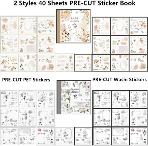 40 Sheets Pre-Cut Washi Sticker Books for Adults, Dual Washi & PET Materials, Ephemera Books, Junk Journal Stickers for Journaling Scrapbooking Supplies, Bujo Decorative in Kuwait