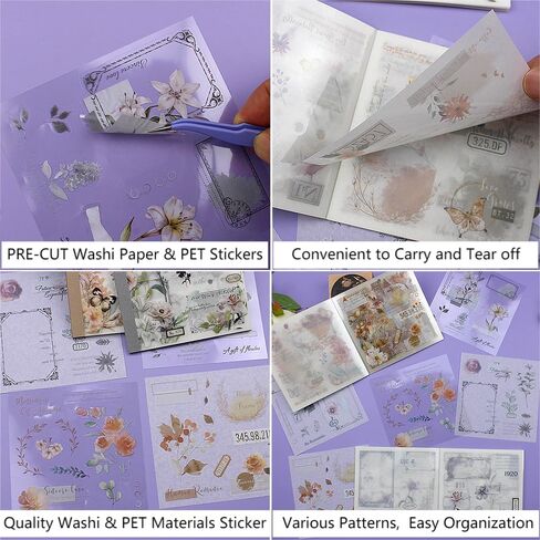 40 Sheets Pre-Cut Washi Sticker Books for Adults, Dual Washi & PET Materials, Ephemera Books, Junk Journal Stickers for Journaling Scrapbooking Supplies, Bujo Decorative in Kuwait
