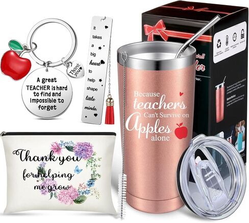 Geiserailie 4 Pcs Teacher Appreciation Gifts Set from Students 20 Oz Travel Tumbler with Straws Brushes and Lids Teacher Makeup Bag Cosmetic Bag Teacher Keychain Teacher Book Page Marker in Saudi Arabia