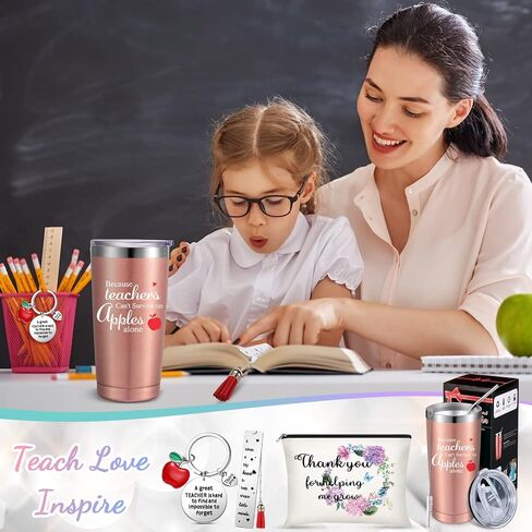 Geiserailie 4 Pcs Teacher Appreciation Gifts Set from Students 20 Oz Travel Tumbler with Straws Brushes and Lids Teacher Makeup Bag Cosmetic Bag Teacher Keychain Teacher Book Page Marker in Saudi Arabia