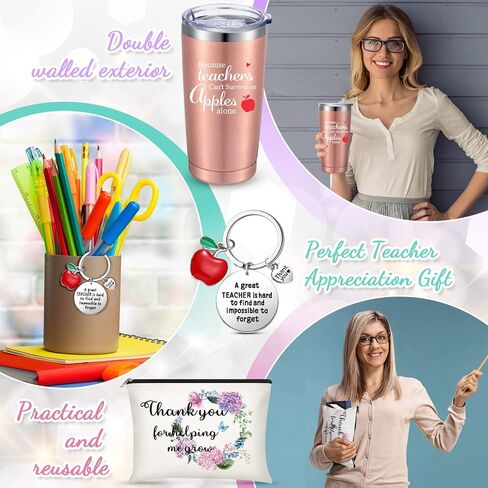 Geiserailie 4 Pcs Teacher Appreciation Gifts Set from Students 20 Oz Travel Tumbler with Straws Brushes and Lids Teacher Makeup Bag Cosmetic Bag Teacher Keychain Teacher Book Page Marker in Saudi Arabia