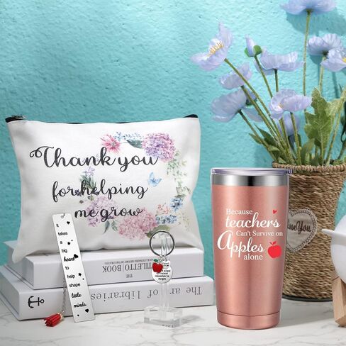 Geiserailie 4 Pcs Teacher Appreciation Gifts Set from Students 20 Oz Travel Tumbler with Straws Brushes and Lids Teacher Makeup Bag Cosmetic Bag Teacher Keychain Teacher Book Page Marker in Saudi Arabia