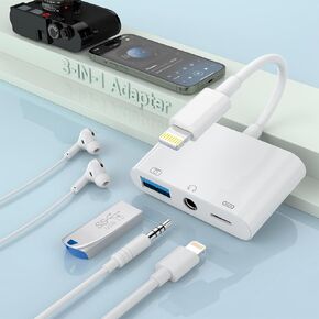 3-in-1 Lightning to 3.5mm Jack Headphone+Charge+Camera Adapter,【Apple MFi Certified】 USB to iPhone OTG Audio Aux Adapter Connect Flash Drive/Card Reader/Mouse/Keyboard/Earphone for iPhone 14 13 12 11
